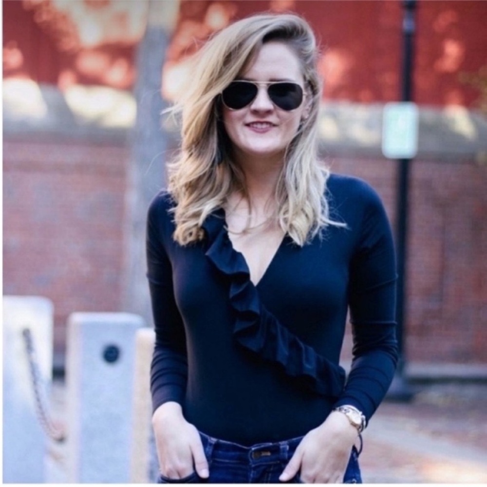 J. Crew Ruffle Front Wrap Style Long Sleeve Black Bodysuit